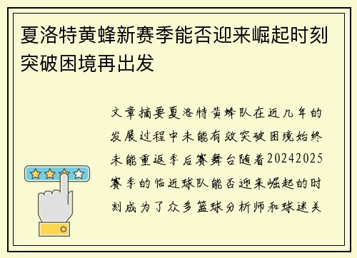 夏洛特黄蜂新赛季能否迎来崛起时刻突破困境再出发